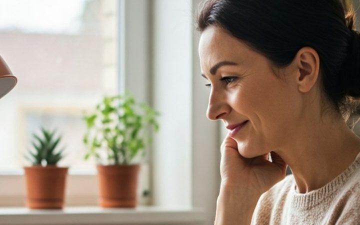 Tummahiuksinen nainen opiskelee kotona. Huone on viihtyisä ja valoisa ja taustalla näkyy kirjahylly, kasveja ja kirjoja.