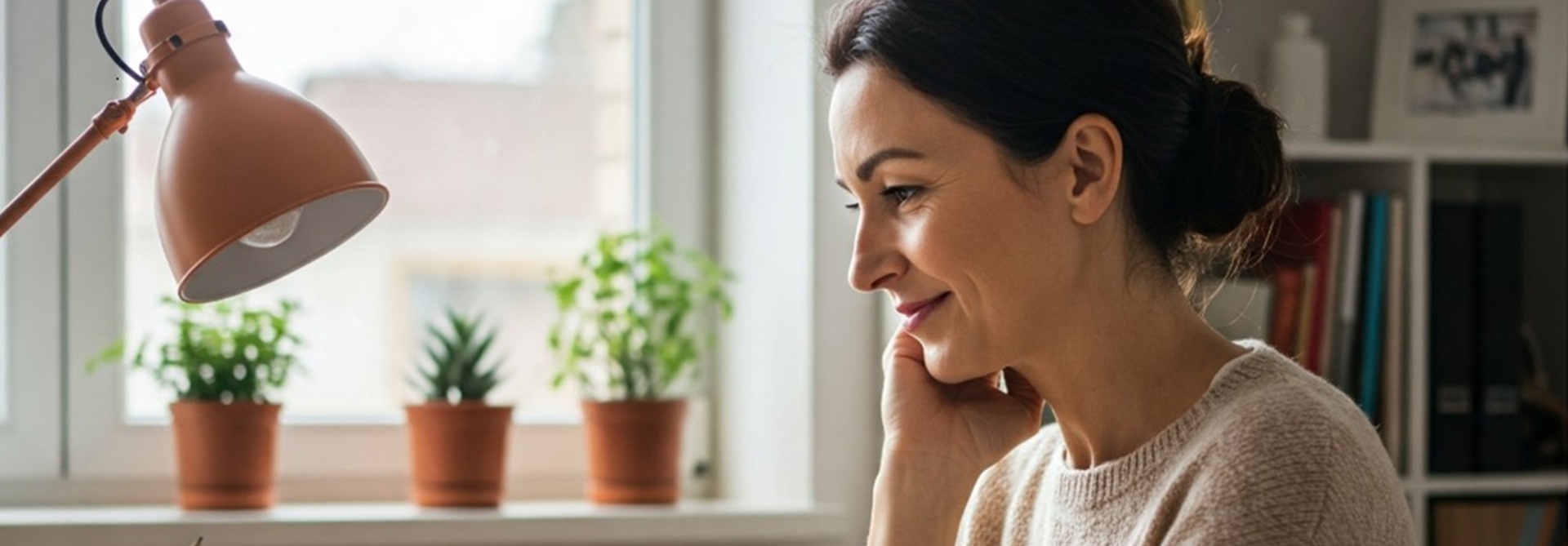 Tummahiuksinen nainen opiskelee kotona. Huone on viihtyisä ja valoisa ja taustalla näkyy kirjahylly, kasveja ja kirjoja.
