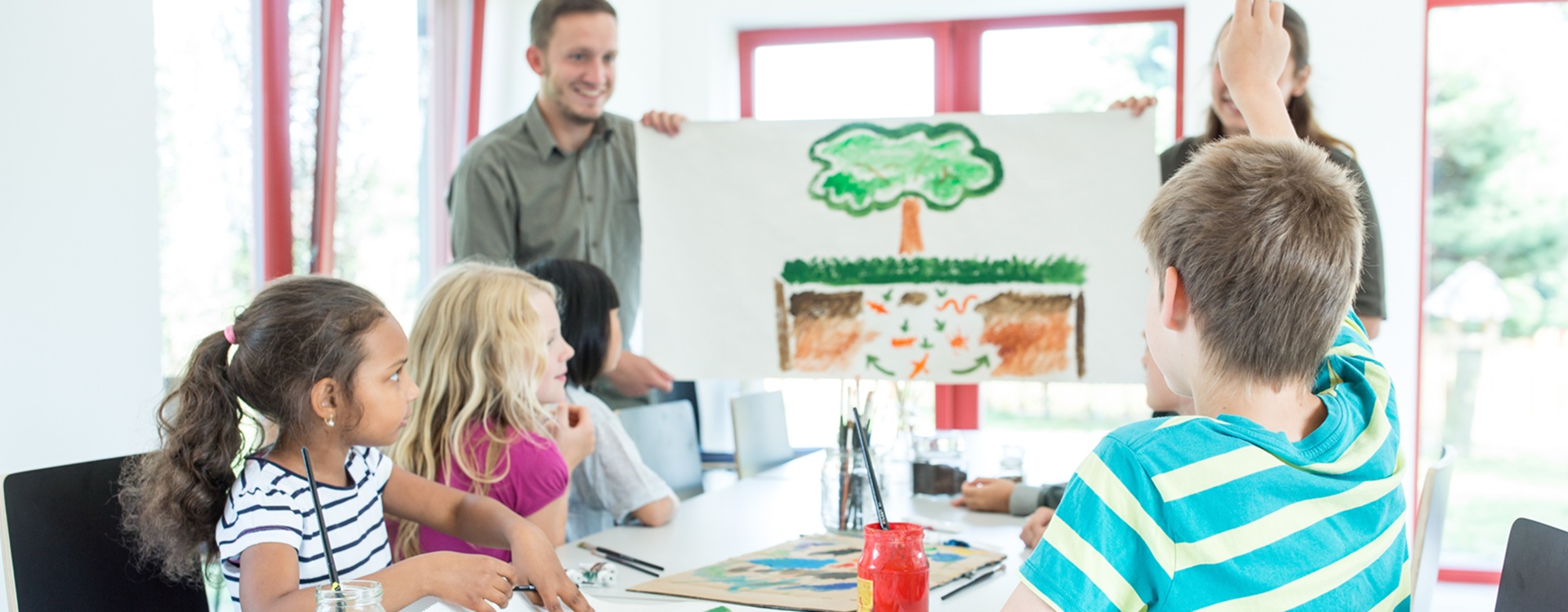 Lapsia opiskelemassa ympäristöasioita. Ohjaajat pitelevät käsissään vesivärimaalausta, jossa havainnollistetaan asiaa.